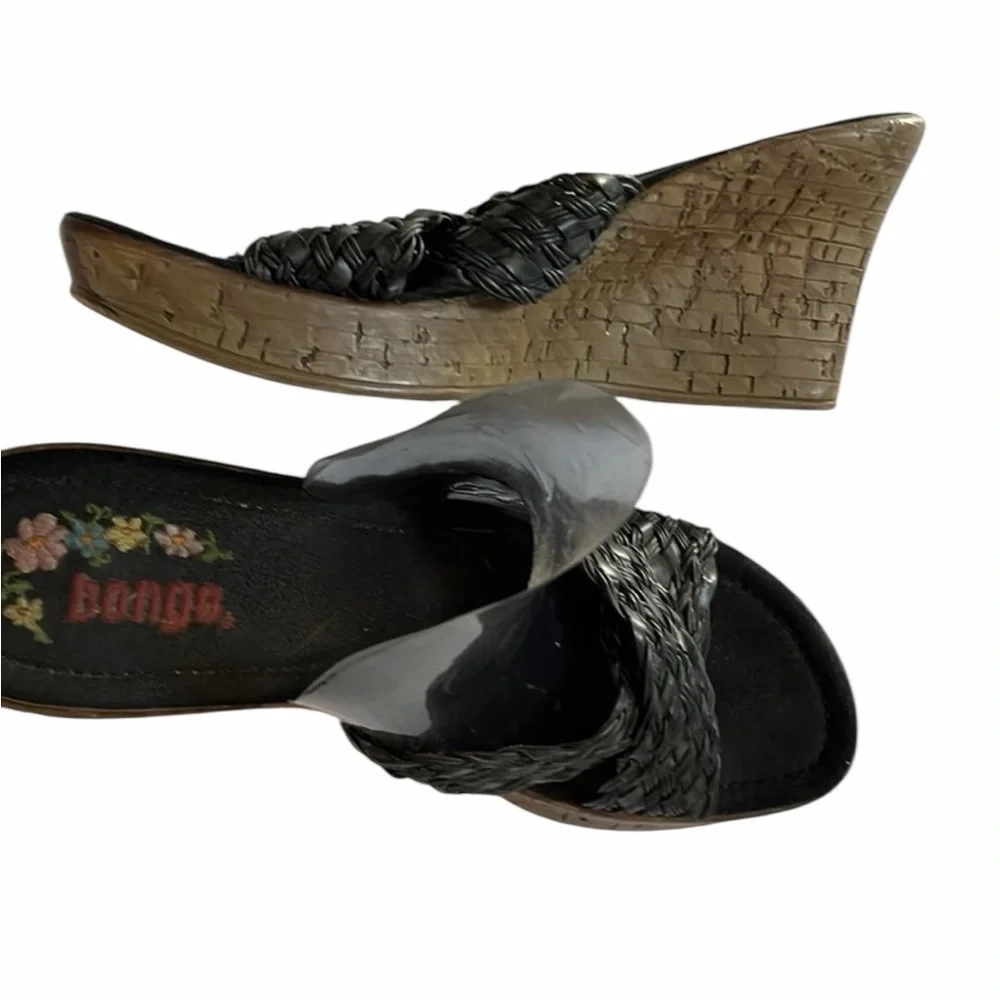 Bongo size 10 black braided leather open toe wedge faux cork heel